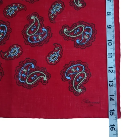 Petronius 1926 Paisley Design Linen Pocket Square Red Background